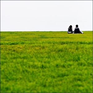 Two distant people sitting in a meadow