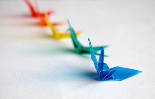 Colorful origami cranes rainbow of cranes